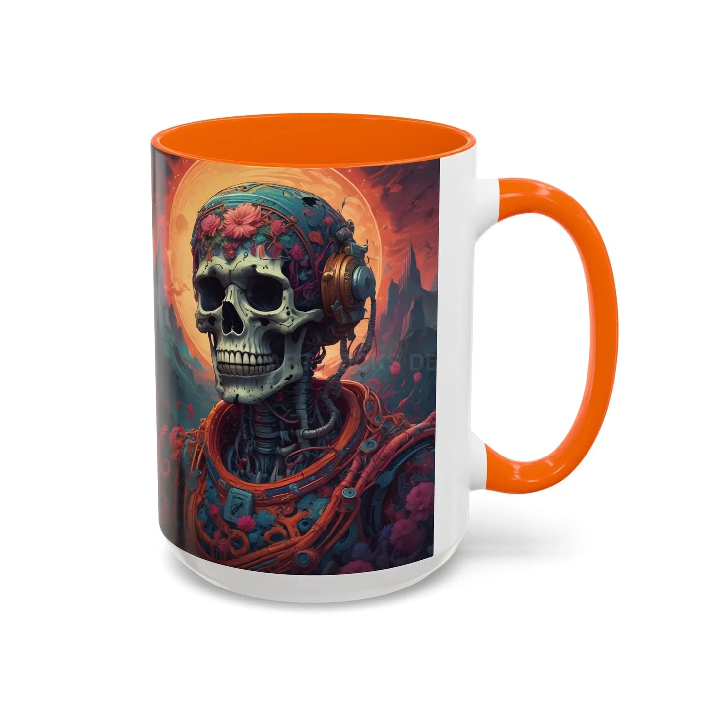 Skull DJ Accent Coffee Mug — Neon Retro Psychedelic Skull with Headphones (11/15oz) - Mug