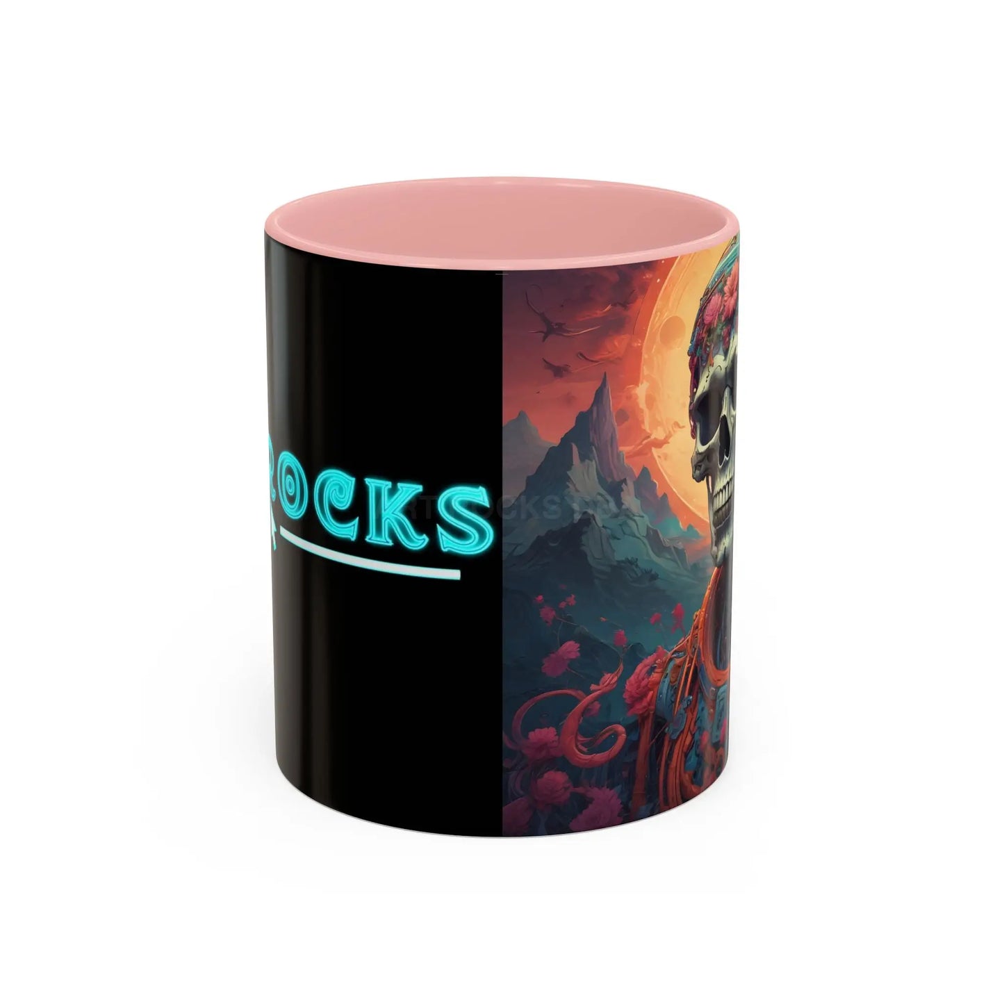 Skull DJ Accent Coffee Mug — Neon Retro Psychedelic Skull with Headphones (11/15oz) - 11oz / Pink - Mug