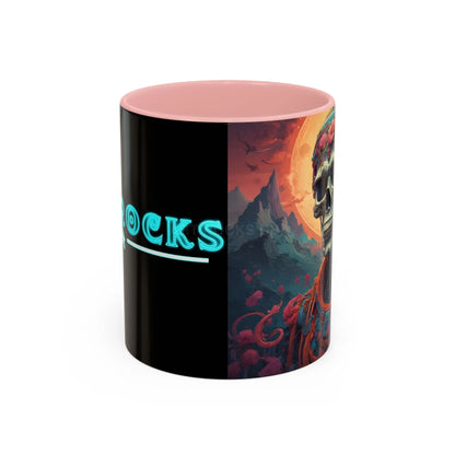Skull DJ Accent Coffee Mug — Neon Retro Psychedelic Skull with Headphones (11/15oz) - 11oz / Pink - Mug