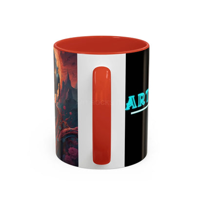 Skull DJ Accent Coffee Mug — Neon Retro Psychedelic Skull with Headphones (11/15oz) - Mug