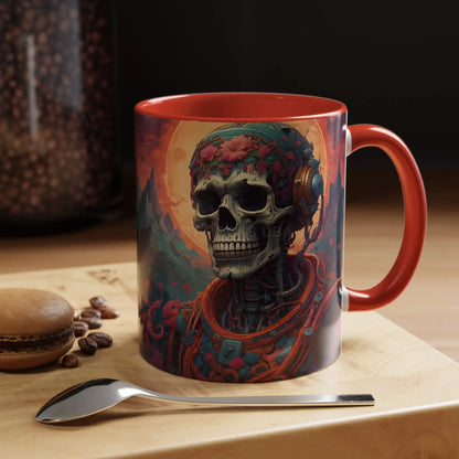 Skull DJ Accent Coffee Mug — Neon Retro Psychedelic Skull with Headphones (11/15oz) - 11oz / Red - Mug