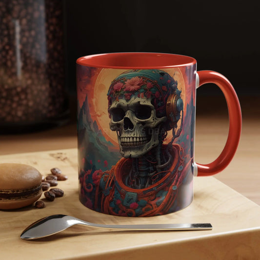 Skull DJ Accent Coffee Mug — Neon Retro Psychedelic Skull with Headphones (11/15oz) - 11oz / Red - Mug