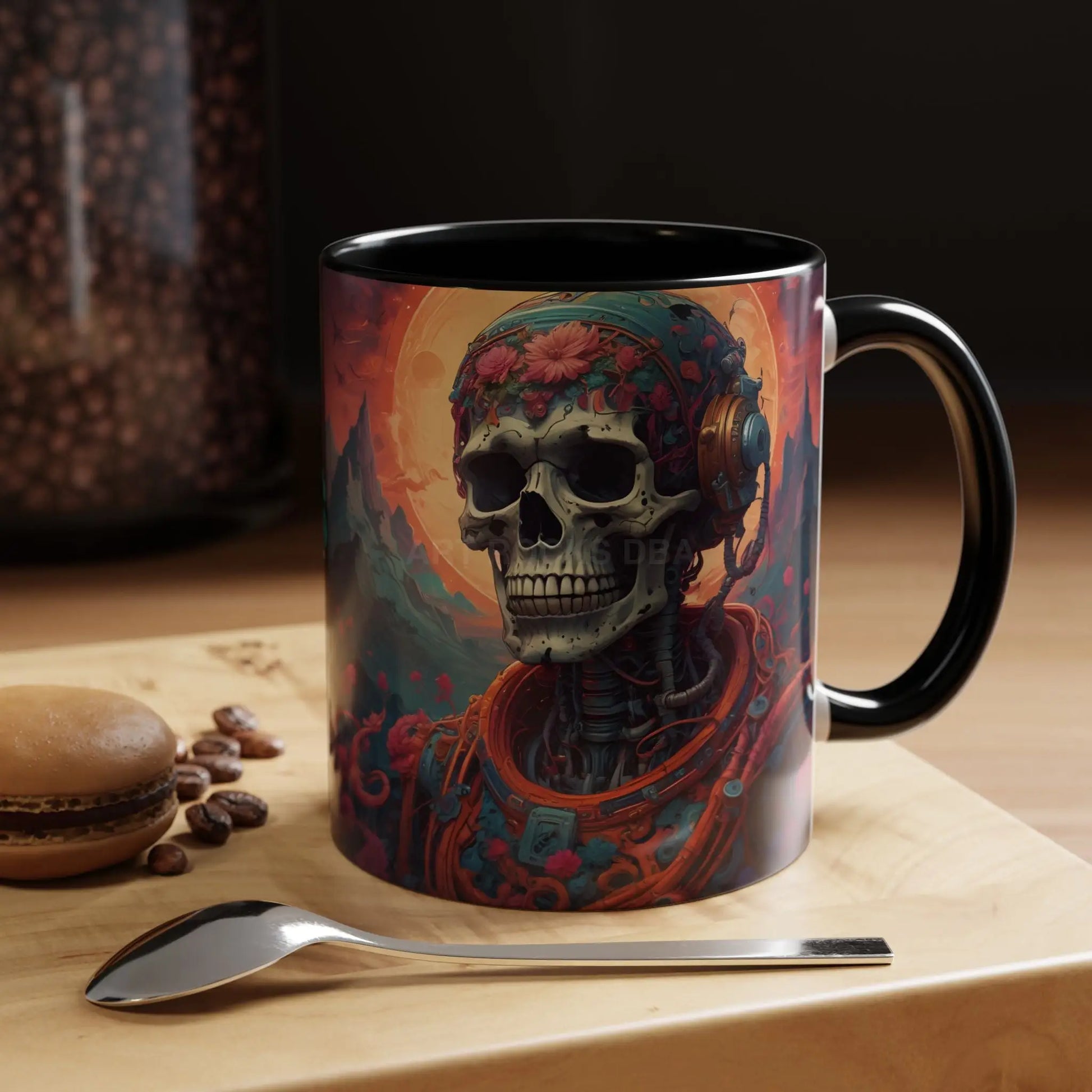 Skull DJ Accent Coffee Mug — Neon Retro Psychedelic Skull with Headphones (11/15oz) - Mug