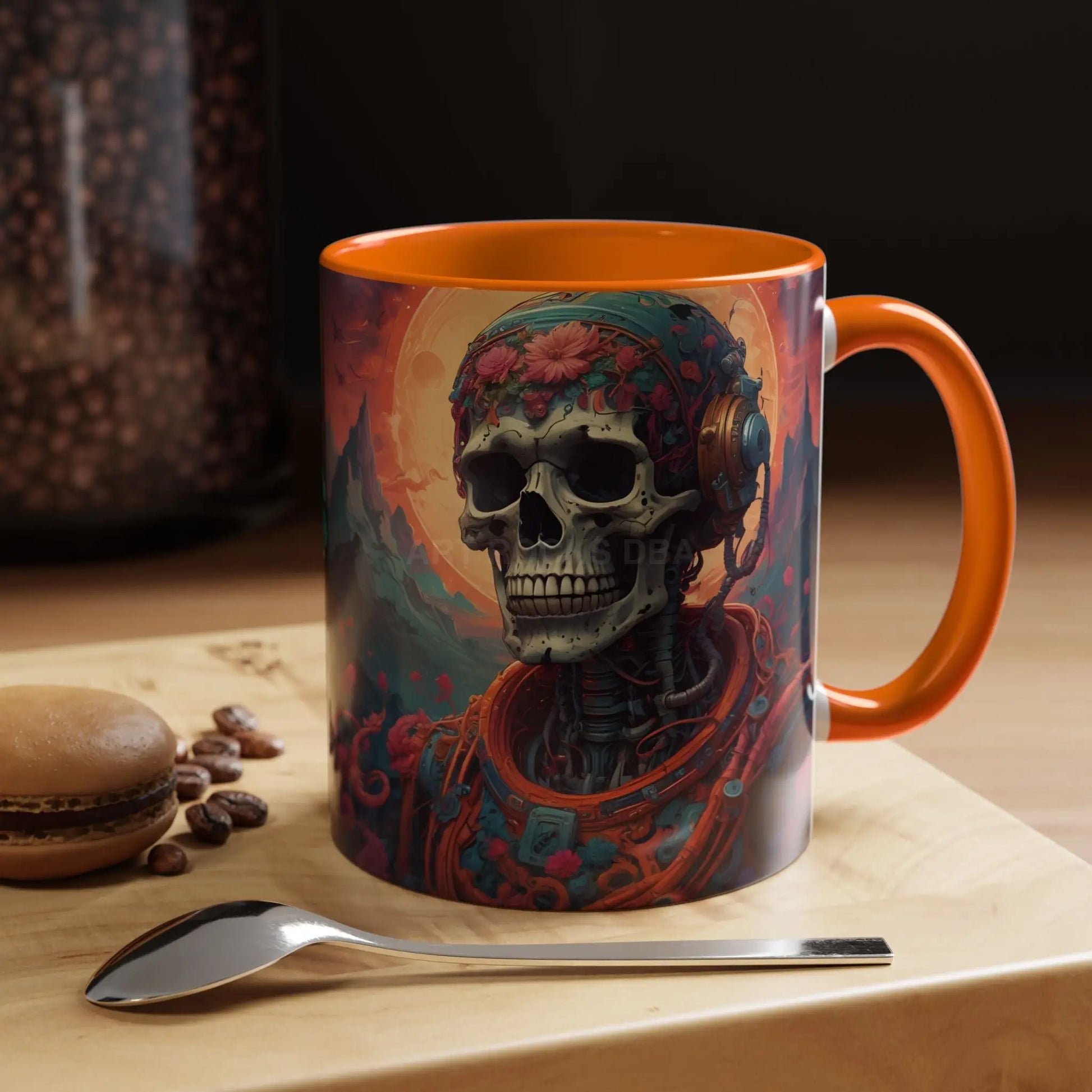 Skull DJ Accent Coffee Mug — Neon Retro Psychedelic Skull with Headphones (11/15oz) - Mug