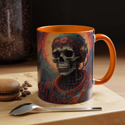 Skull DJ Accent Coffee Mug — Neon Retro Psychedelic Skull with Headphones (11/15oz) - Mug