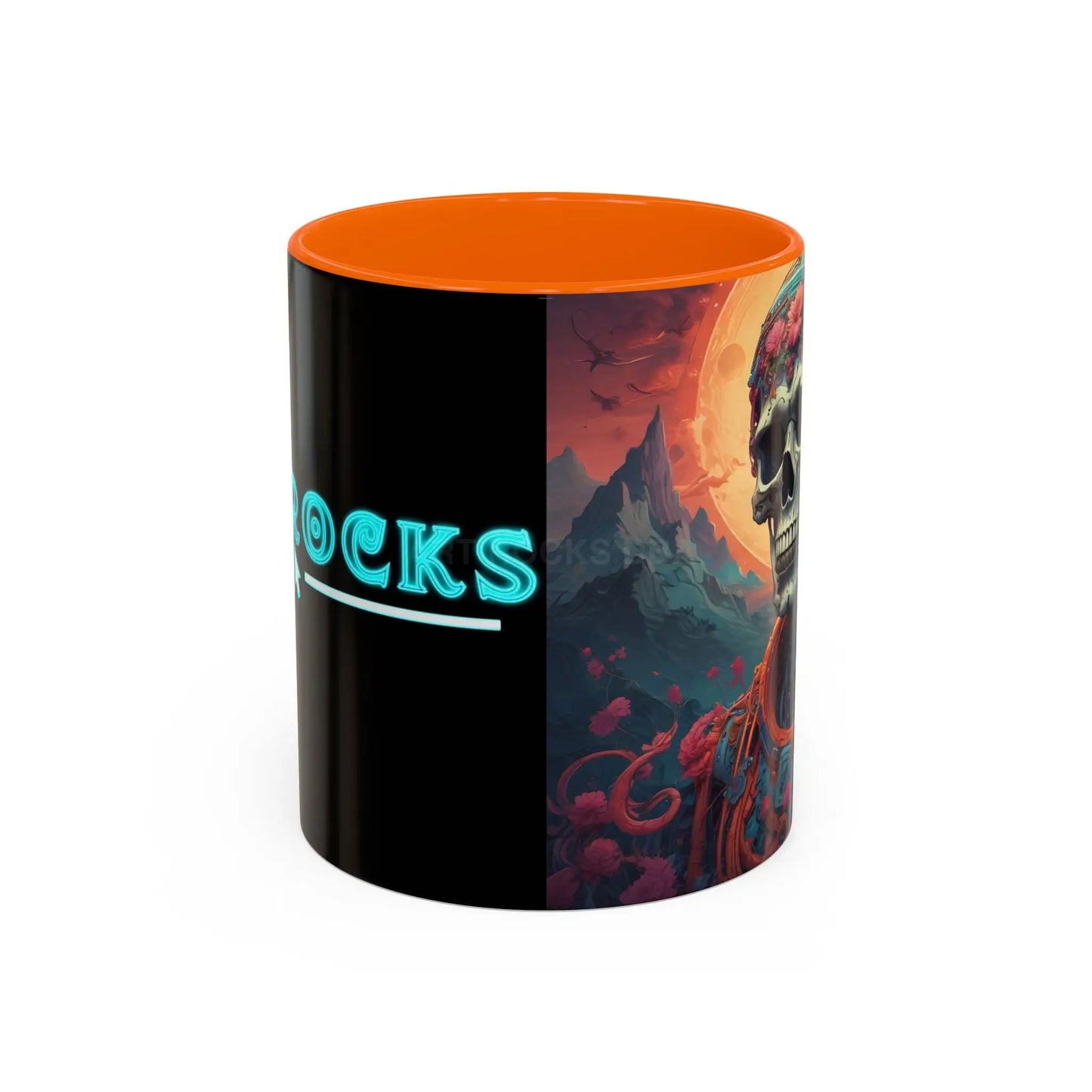 Skull DJ Accent Coffee Mug — Neon Retro Psychedelic Skull with Headphones (11/15oz) - 11oz / Orange - Mug