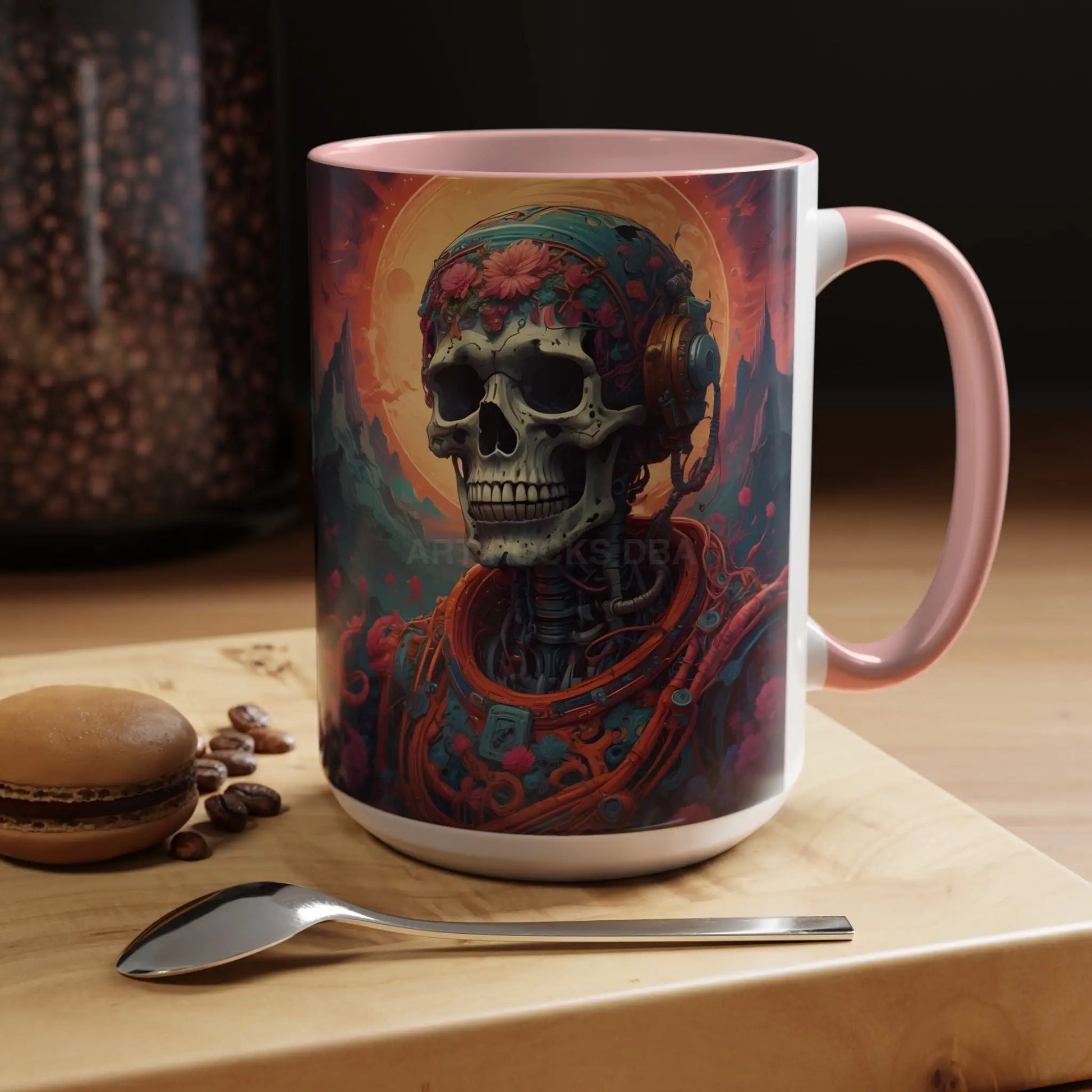 Skull DJ Accent Coffee Mug — Neon Retro Psychedelic Skull with Headphones (11/15oz) - Mug