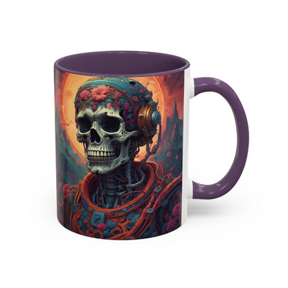 Skull DJ Accent Coffee Mug — Neon Retro Psychedelic Skull with Headphones (11/15oz) - Mug