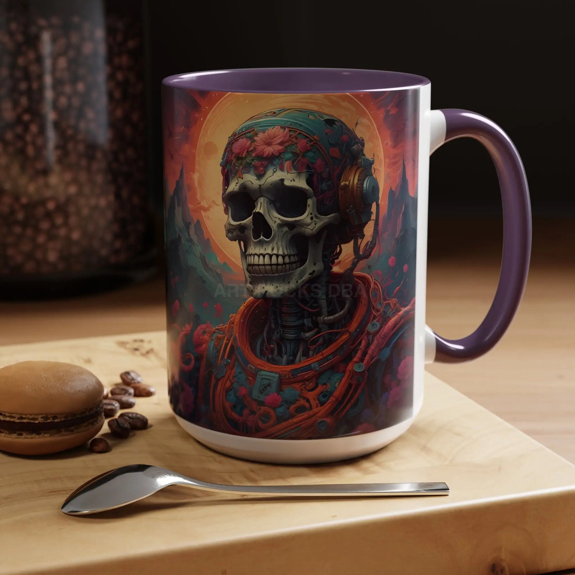 Skull DJ Accent Coffee Mug — Neon Retro Psychedelic Skull with Headphones (11/15oz) - Mug