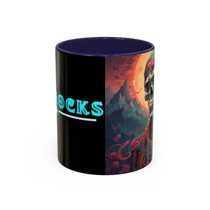 Skull DJ Accent Coffee Mug — Neon Retro Psychedelic Skull with Headphones (11/15oz) - 11oz / Navy - Mug