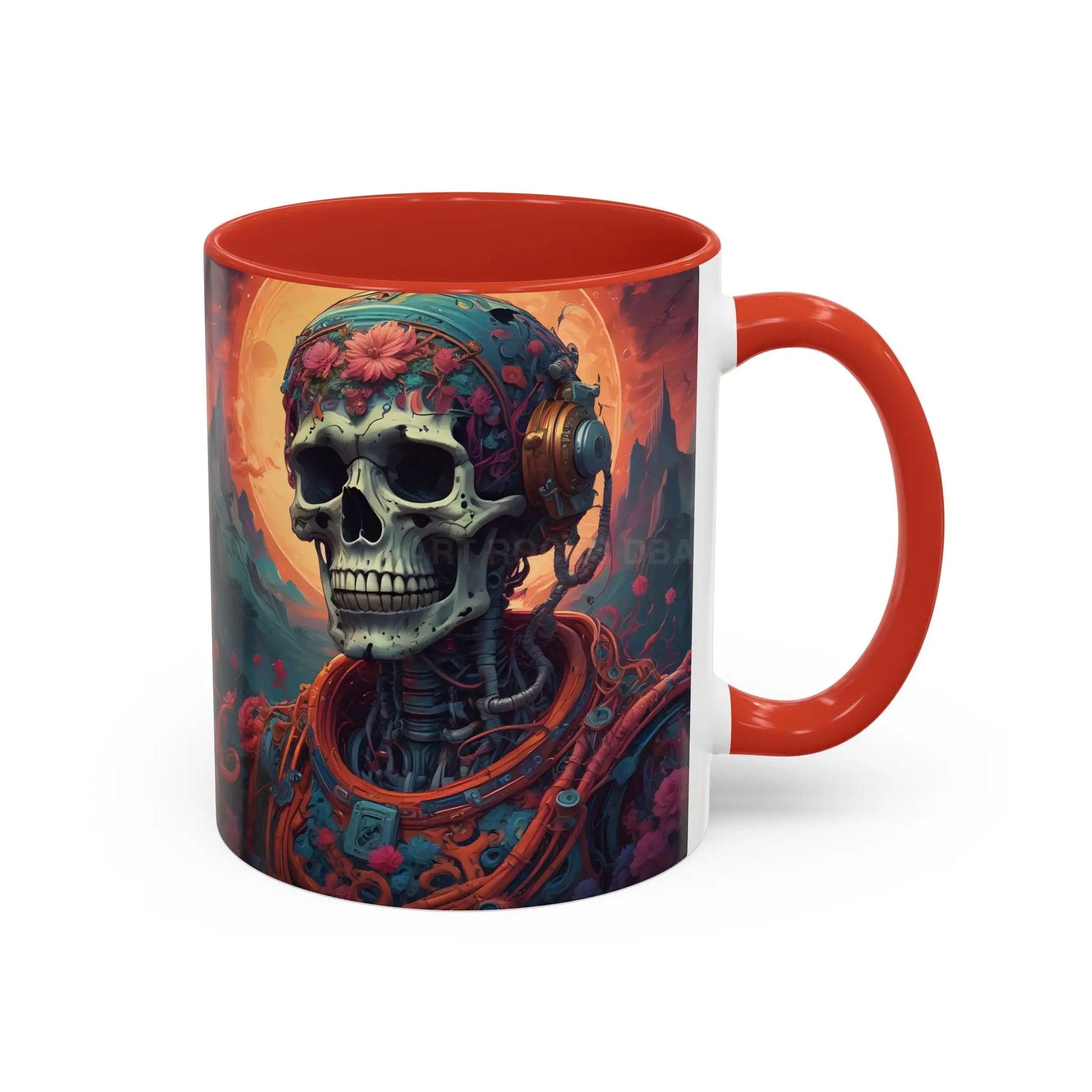 Skull DJ Accent Coffee Mug — Neon Retro Psychedelic Skull with Headphones (11/15oz) - Mug