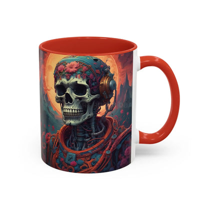 Skull DJ Accent Coffee Mug — Neon Retro Psychedelic Skull with Headphones (11/15oz) - Mug