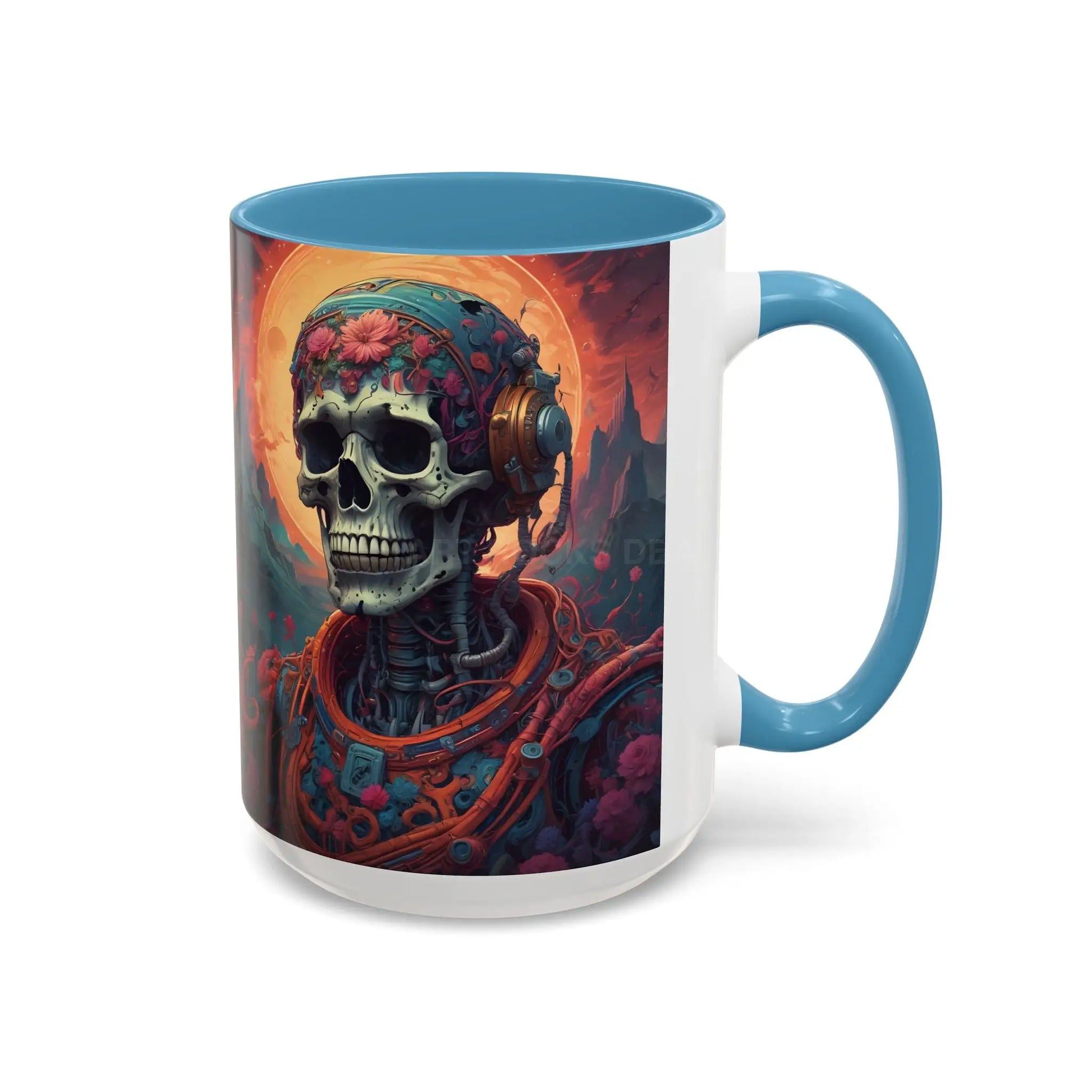 Skull DJ Accent Coffee Mug — Neon Retro Psychedelic Skull with Headphones (11/15oz) - Mug