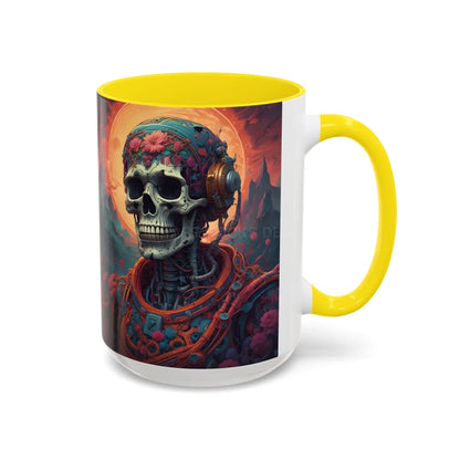 Skull DJ Accent Coffee Mug — Neon Retro Psychedelic Skull with Headphones (11/15oz) - Mug