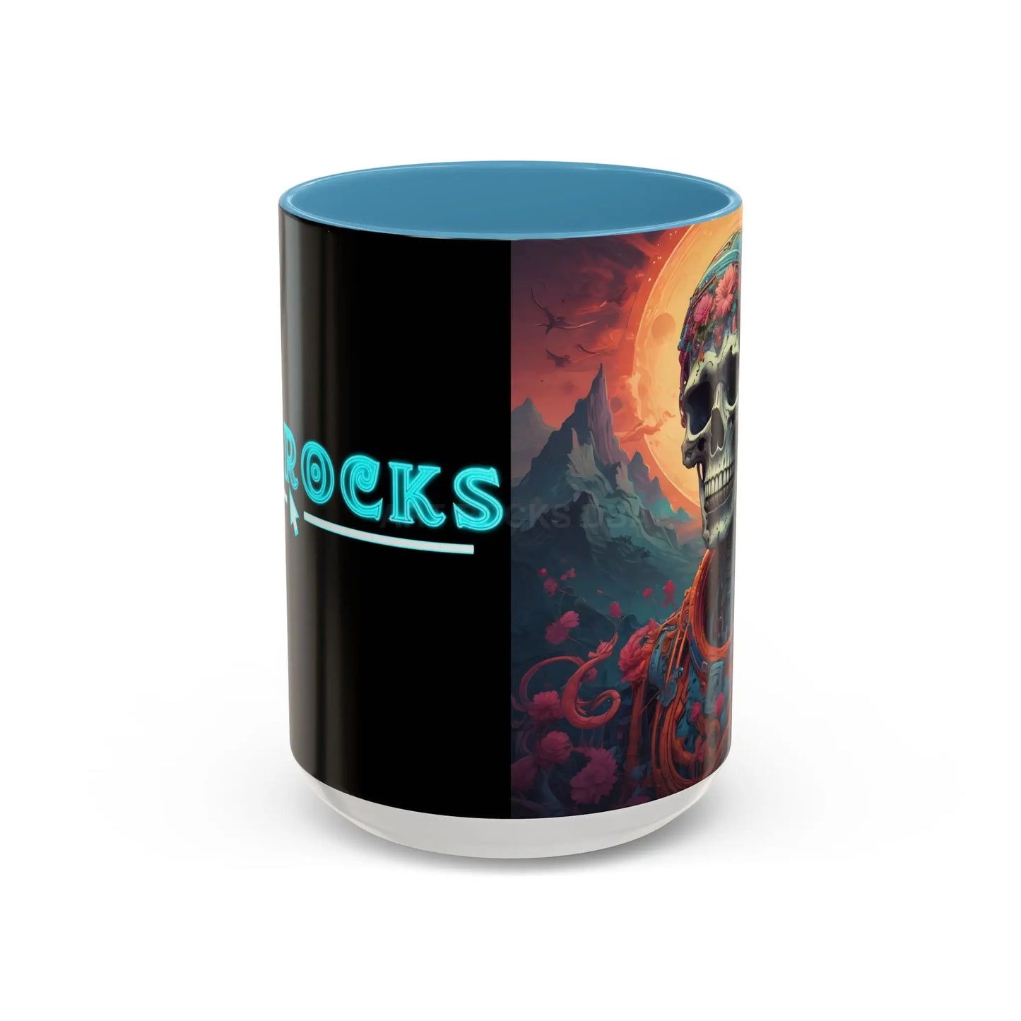Skull DJ Accent Coffee Mug — Neon Retro Psychedelic Skull with Headphones (11/15oz) - 15oz / Light Blue - Mug