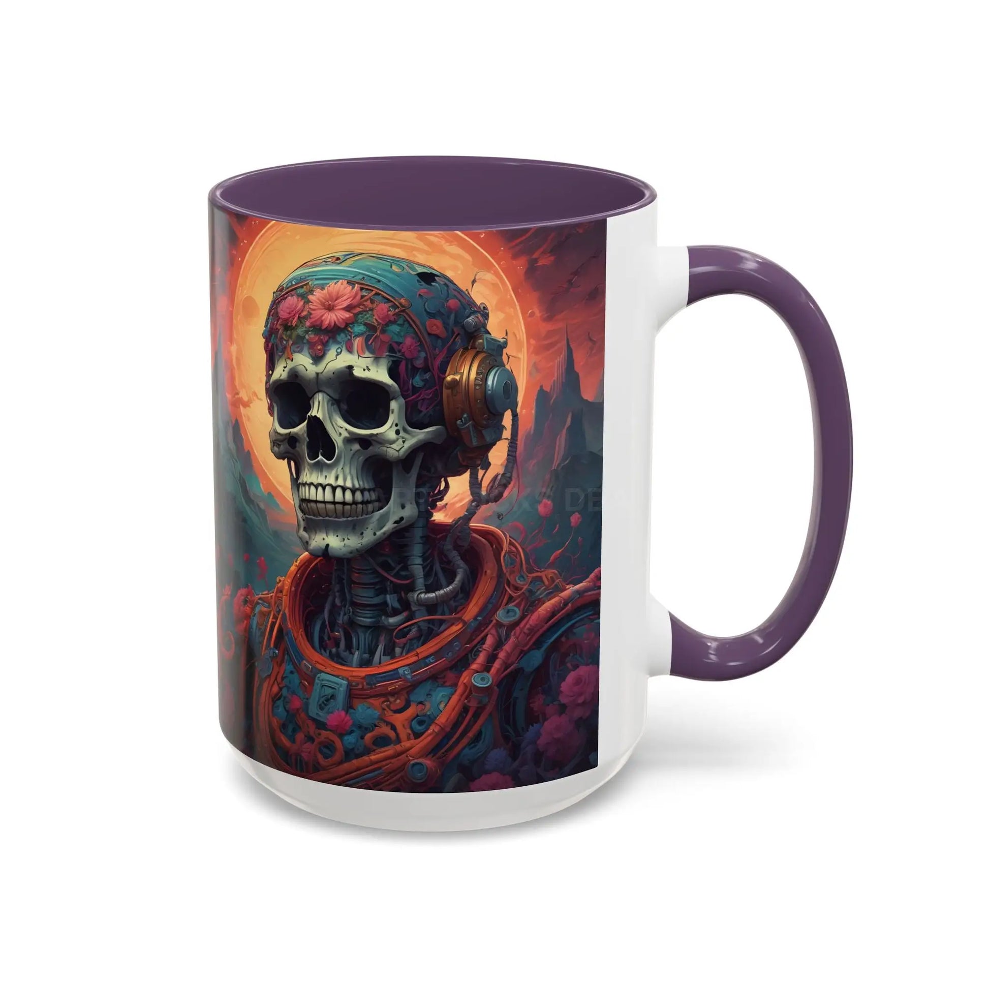 Skull DJ Accent Coffee Mug — Neon Retro Psychedelic Skull with Headphones (11/15oz) - Mug