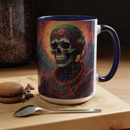 Skull DJ Accent Coffee Mug — Neon Retro Psychedelic Skull with Headphones (11/15oz) - Mug