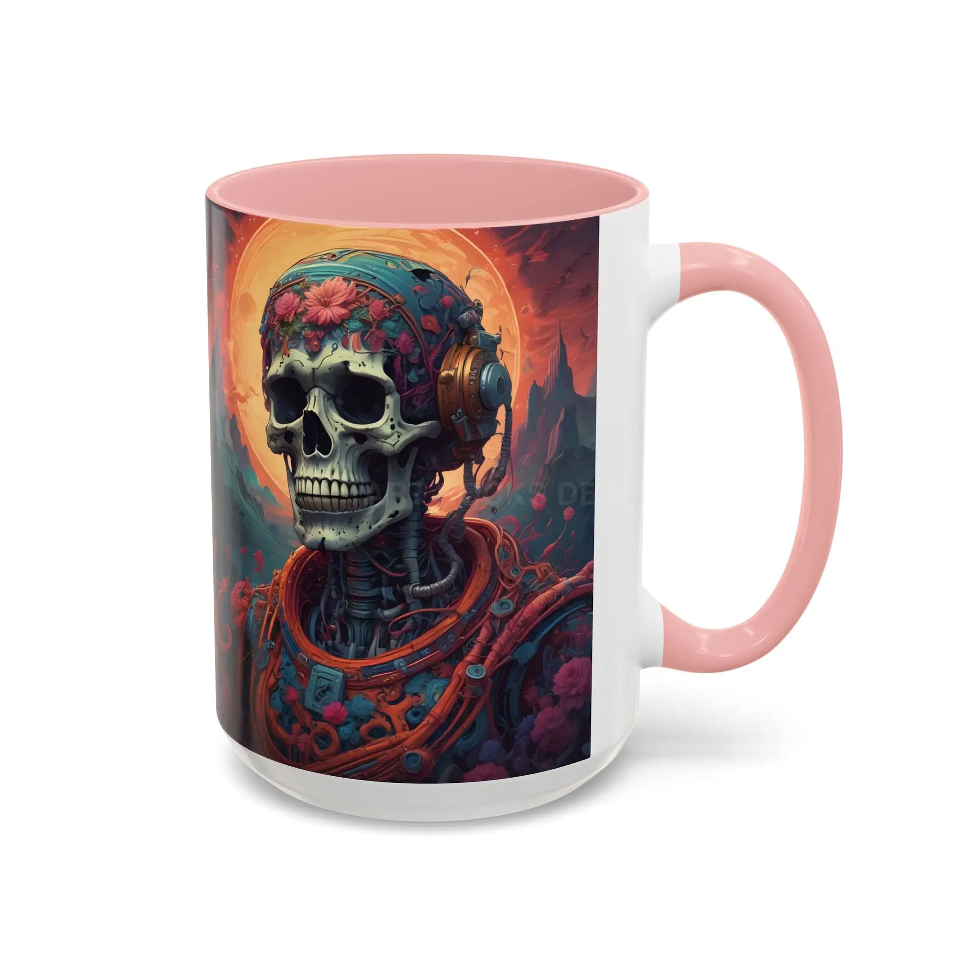 Skull DJ Accent Coffee Mug — Neon Retro Psychedelic Skull with Headphones (11/15oz) - Mug