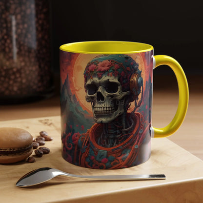 Skull DJ Accent Coffee Mug — Neon Retro Psychedelic Skull with Headphones (11/15oz) - Mug