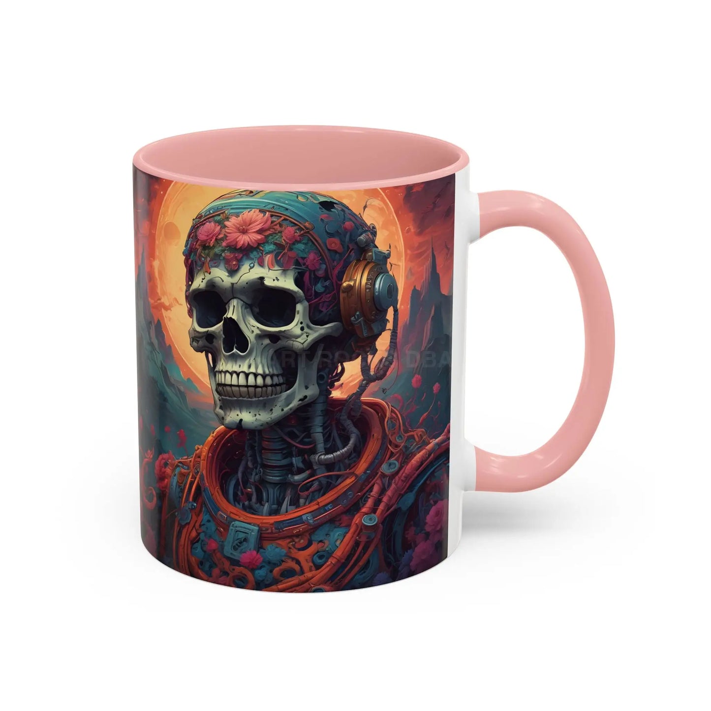 Skull DJ Accent Coffee Mug — Neon Retro Psychedelic Skull with Headphones (11/15oz) - Mug