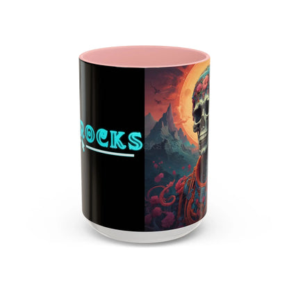 Skull DJ Accent Coffee Mug — Neon Retro Psychedelic Skull with Headphones (11/15oz) - 15oz / Pink - Mug