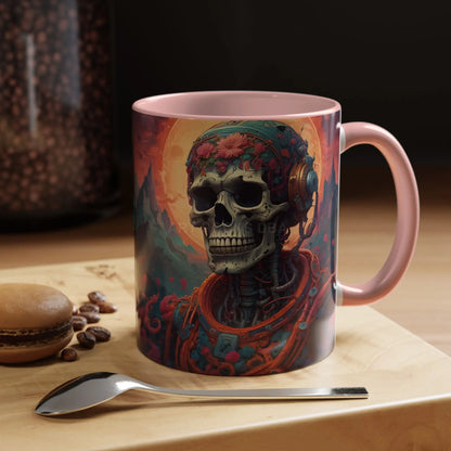 Skull DJ Accent Coffee Mug — Neon Retro Psychedelic Skull with Headphones (11/15oz) - Mug