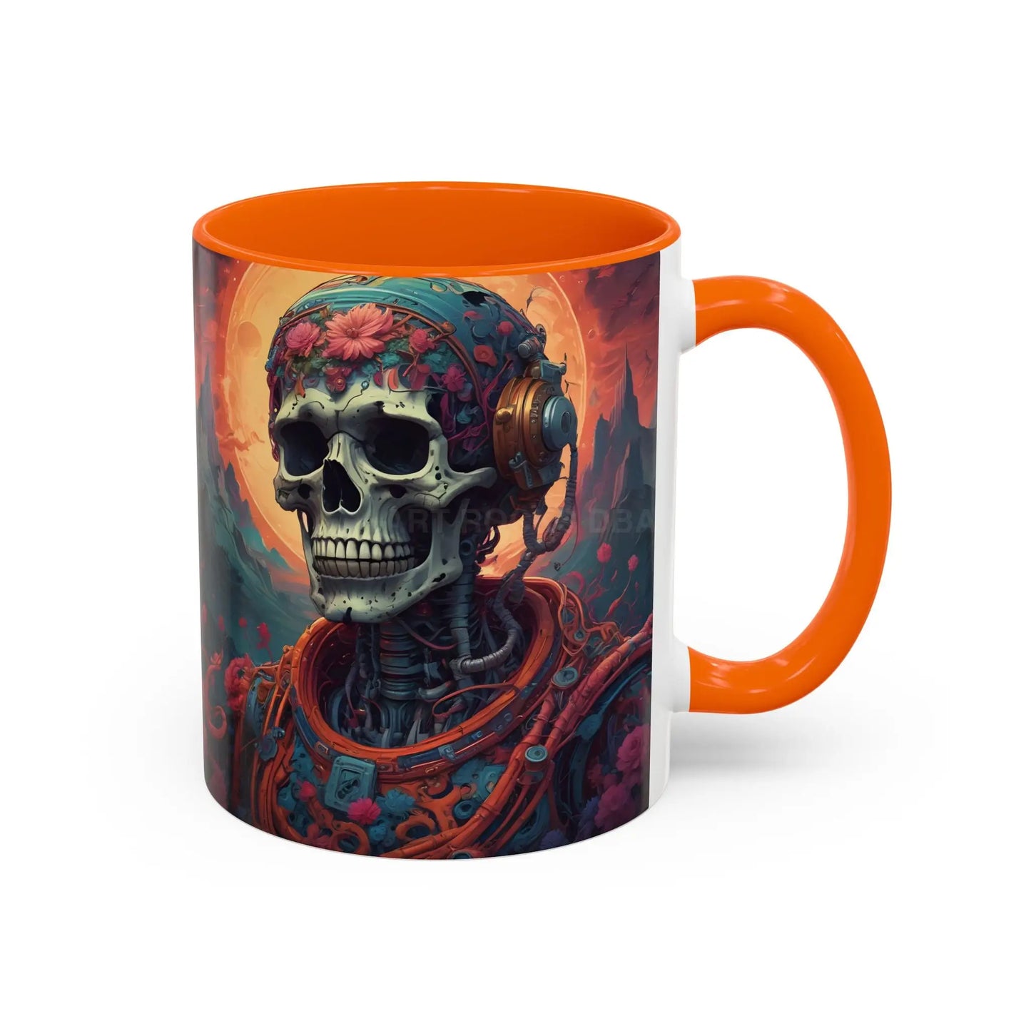 Skull DJ Accent Coffee Mug — Neon Retro Psychedelic Skull with Headphones (11/15oz) - Mug