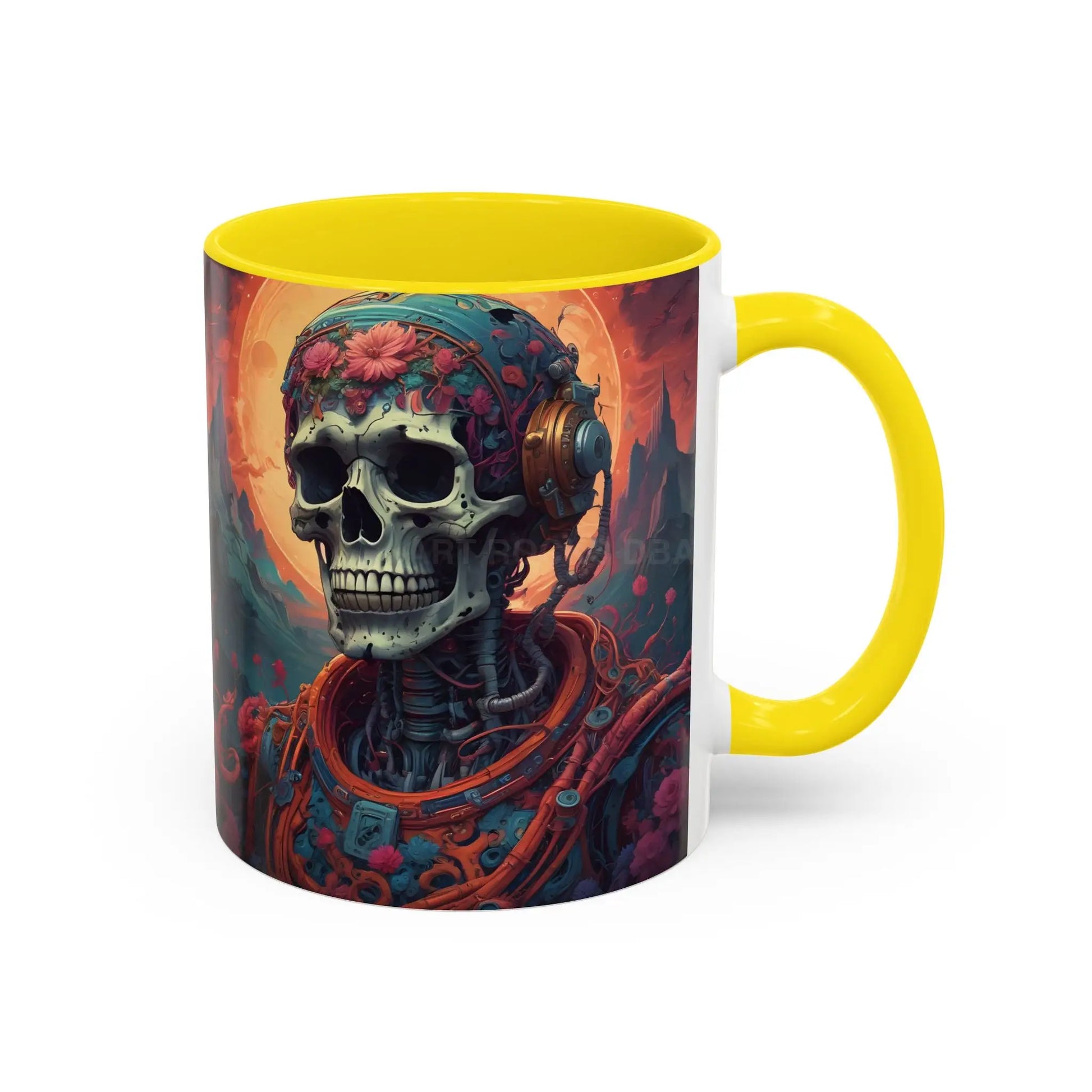 Skull DJ Accent Coffee Mug — Neon Retro Psychedelic Skull with Headphones (11/15oz) - Mug
