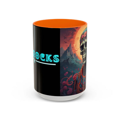 Skull DJ Accent Coffee Mug — Neon Retro Psychedelic Skull with Headphones (11/15oz) - 15oz / Orange - Mug