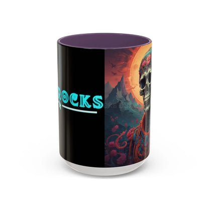 Skull DJ Accent Coffee Mug — Neon Retro Psychedelic Skull with Headphones (11/15oz) - 15oz / Purple - Mug