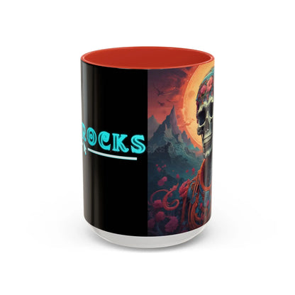 Skull DJ Accent Coffee Mug — Neon Retro Psychedelic Skull with Headphones (11/15oz) - 15oz / Red - Mug