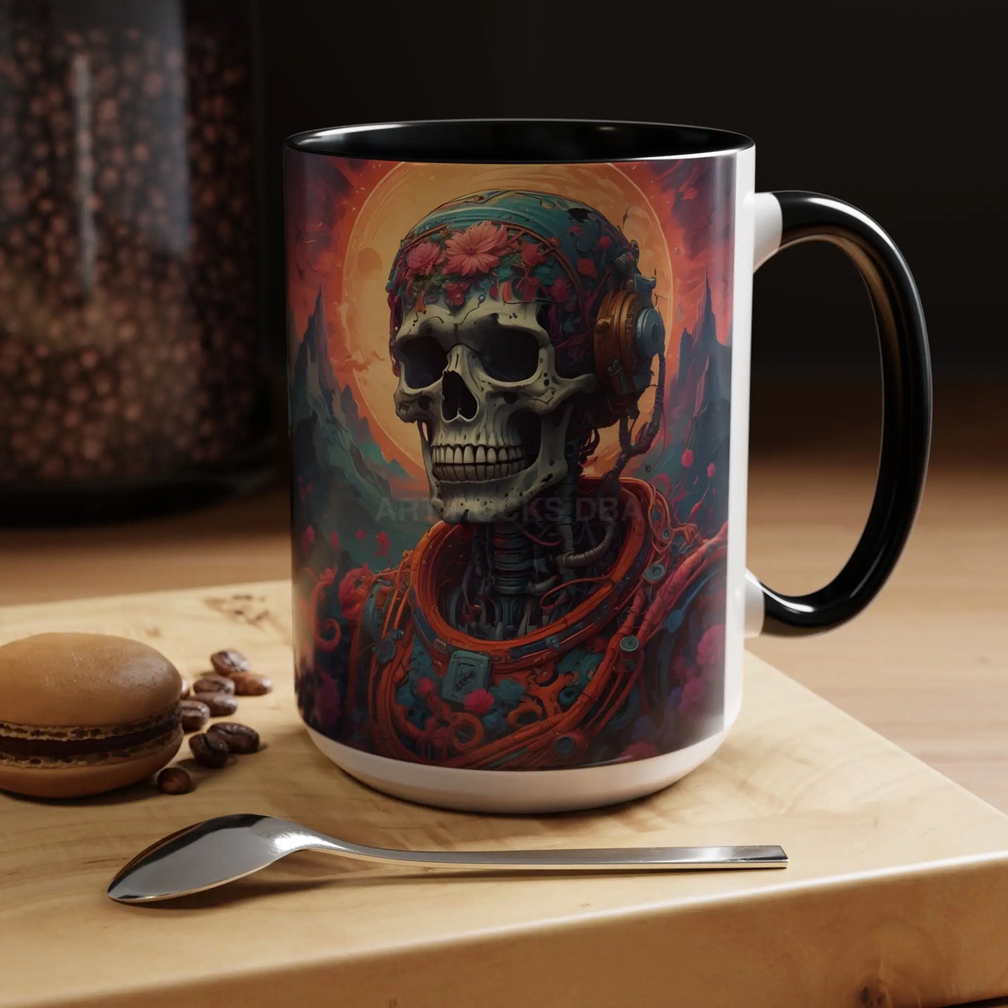 Skull DJ Accent Coffee Mug — Neon Retro Psychedelic Skull with Headphones (11/15oz) - Mug