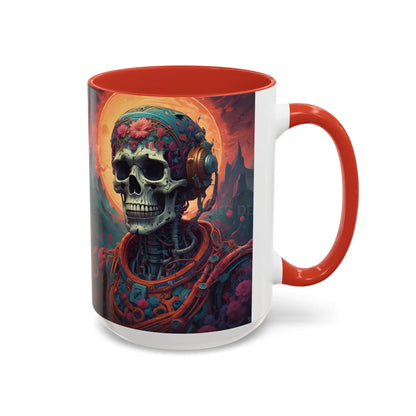 Skull DJ Accent Coffee Mug — Neon Retro Psychedelic Skull with Headphones (11/15oz) - Mug