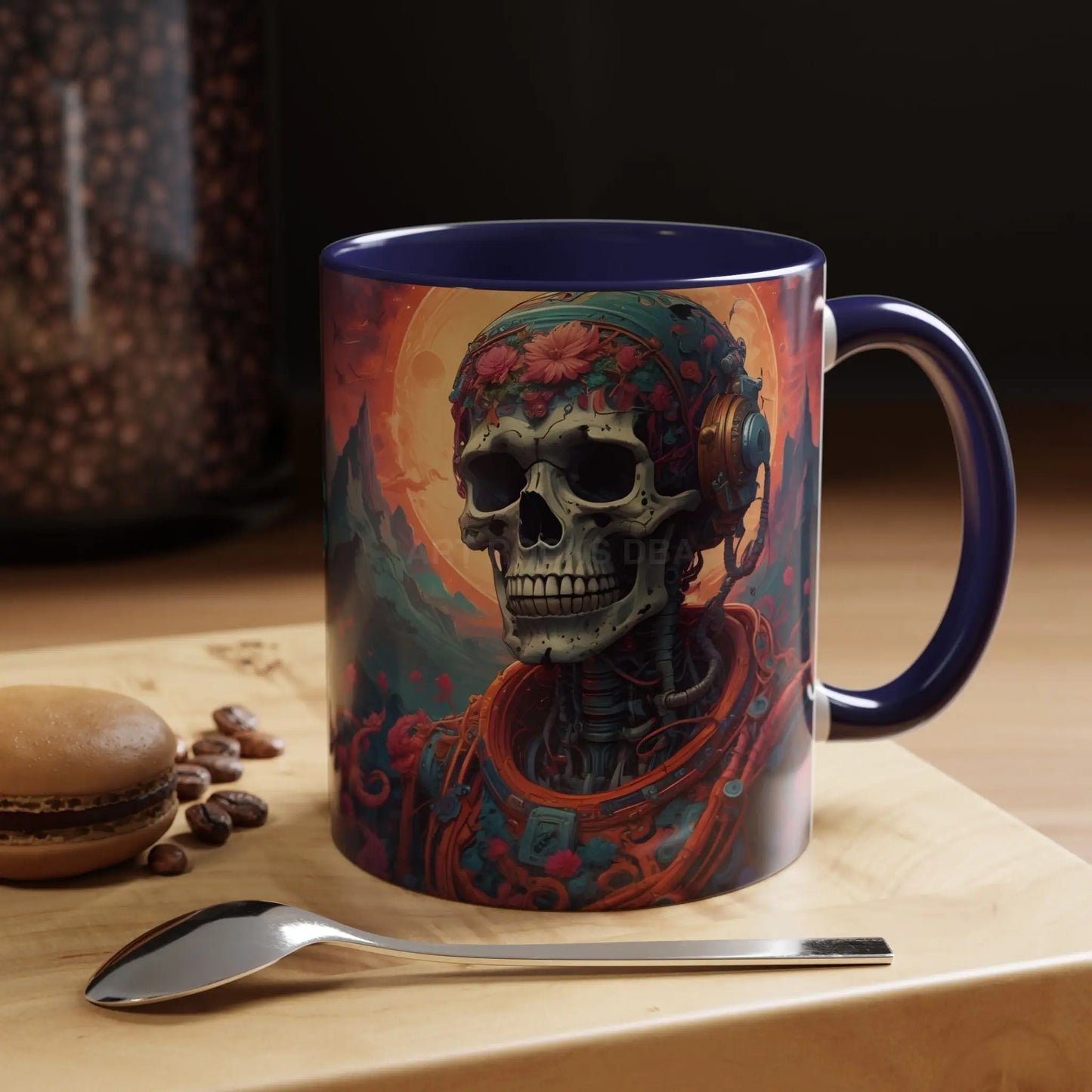 Skull DJ Accent Coffee Mug — Neon Retro Psychedelic Skull with Headphones (11/15oz) - Mug