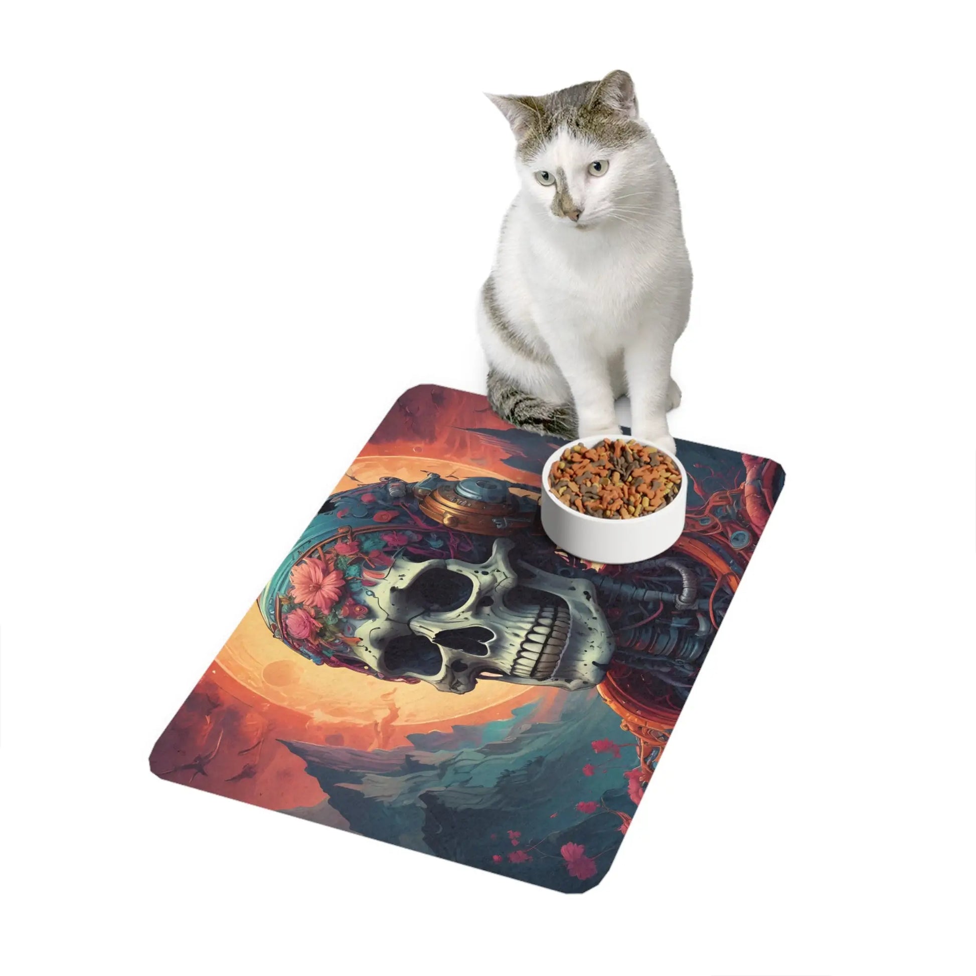 Skull DJ Pet Food Mat (12x18) — Floral Skull Music Feeding Mat for Dogs & Cats - 12’’ × 18’’ / Rectangle - Pets