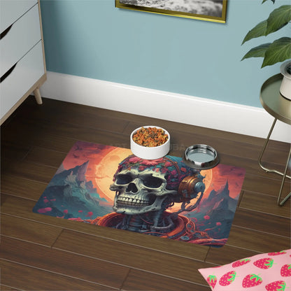 Skull DJ Pet Food Mat (12x18) — Floral Skull Music Feeding Mat for Dogs & Cats - 12’’ × 18’’ / Rectangle - Pets