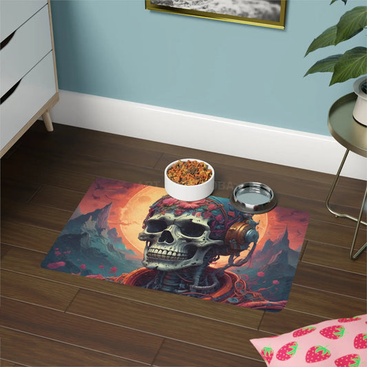Skull DJ Pet Food Mat (12x18) — Floral Skull Music Feeding Mat for Dogs & Cats - 12’’ × 18’’ / Rectangle - Pets