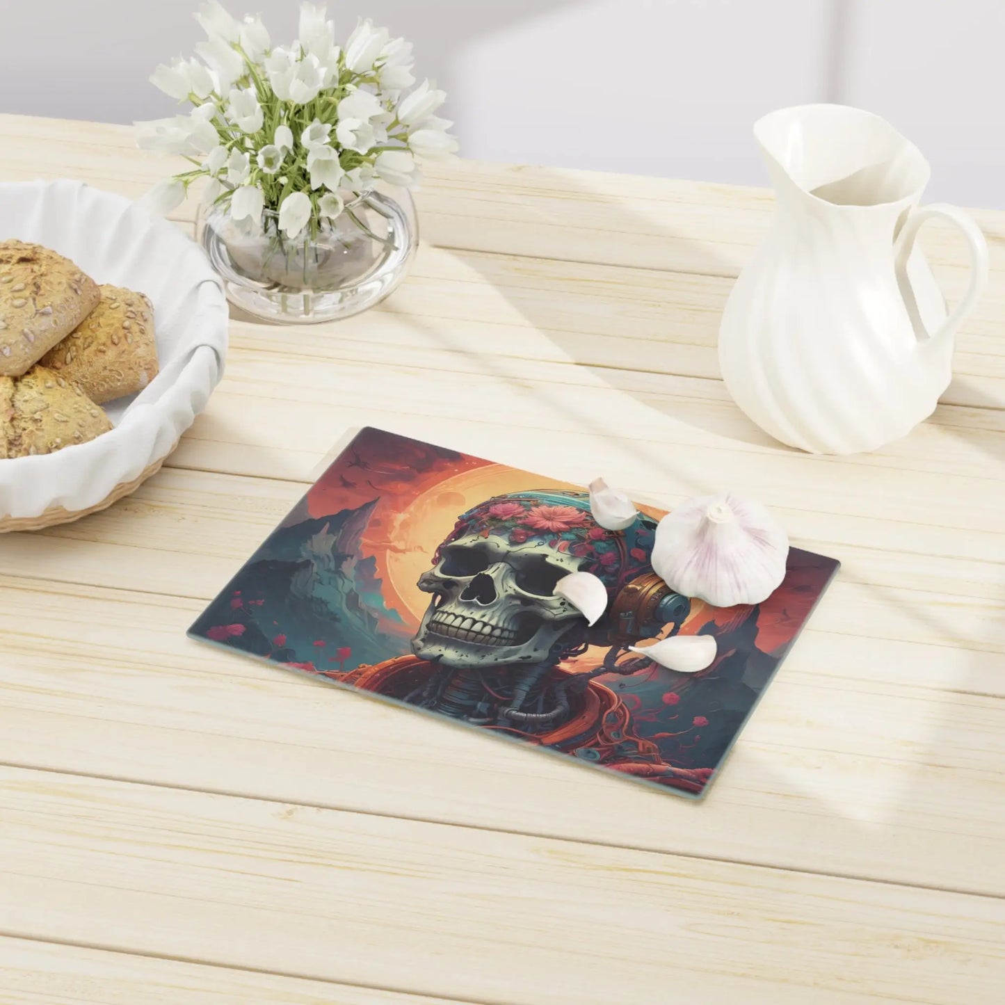 Skull & Headphones Psychedelic Cutting Board — Floral Skull Kitchen Decor - Home Decor