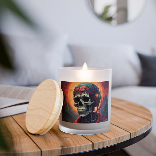Skull & Roses Frosted Glass Candle — 11oz Scented Jar (Day of the Dead / Gothic Decor) - Vanilla / 11oz - Home Decor