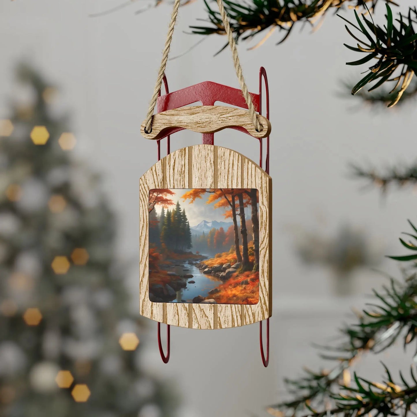 Sled Ornament — Autumn Trees Surrounding a Peaceful Lake - 2.1’’ × 4.6’’ / 1 pc - Home Decor