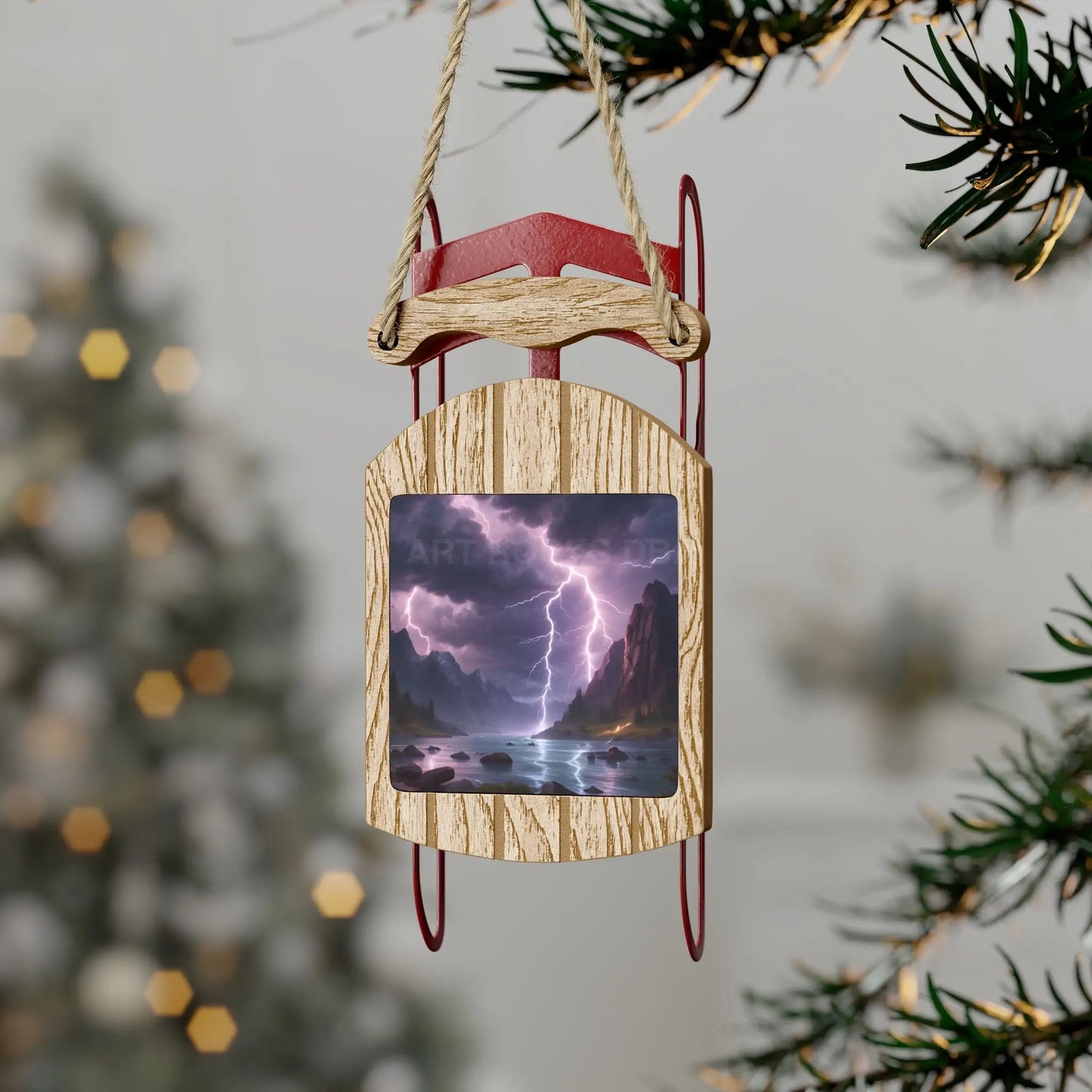 Sled Ornament — Lightning Storm Lake Holiday Tree Decoration - 2.1’’ × 4.6’’ / 1 pc - Home Decor