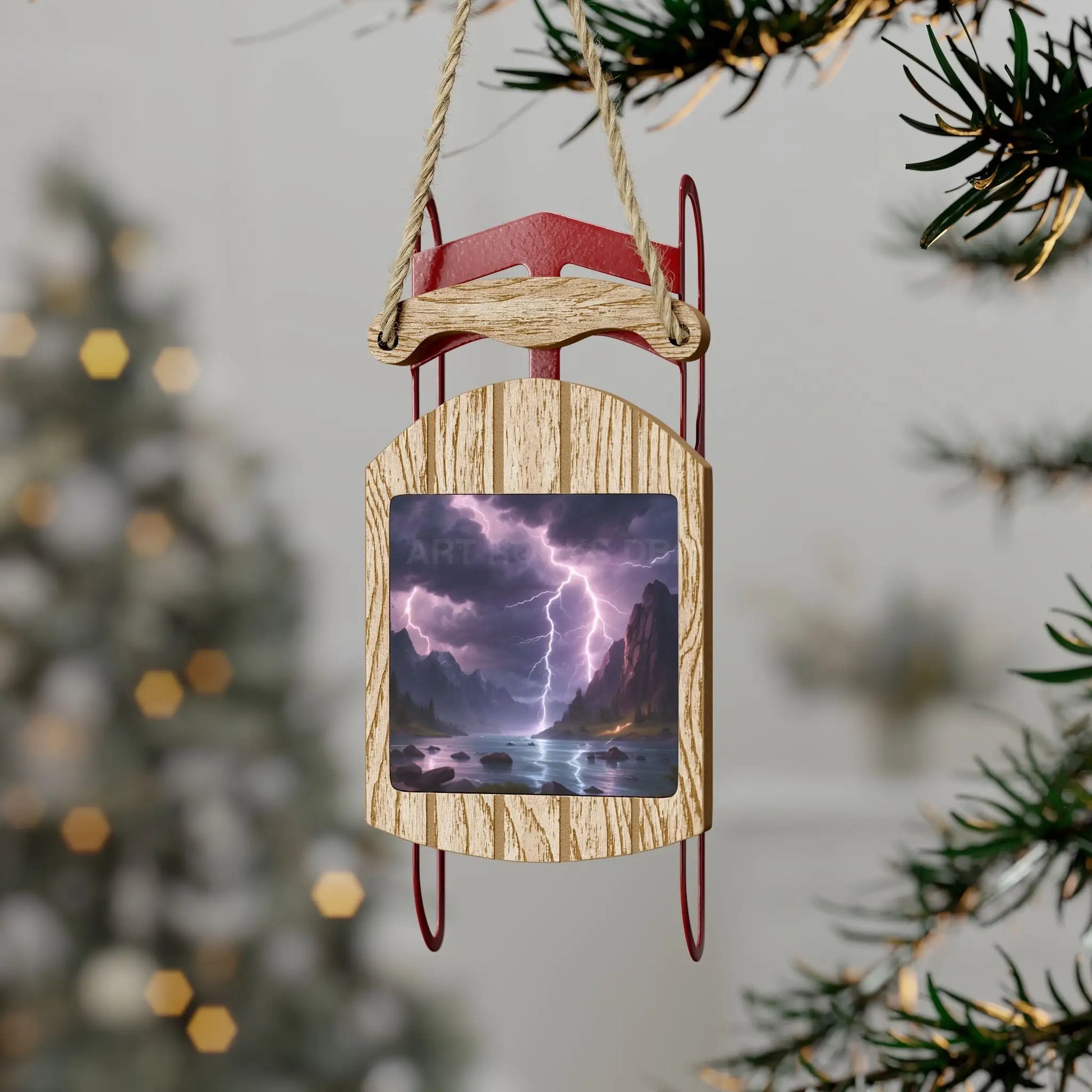 Sled Ornament — Lightning Storm Lake Holiday Tree Decoration - 2.1’’ × 4.6’’ / 1 pc - Home Decor