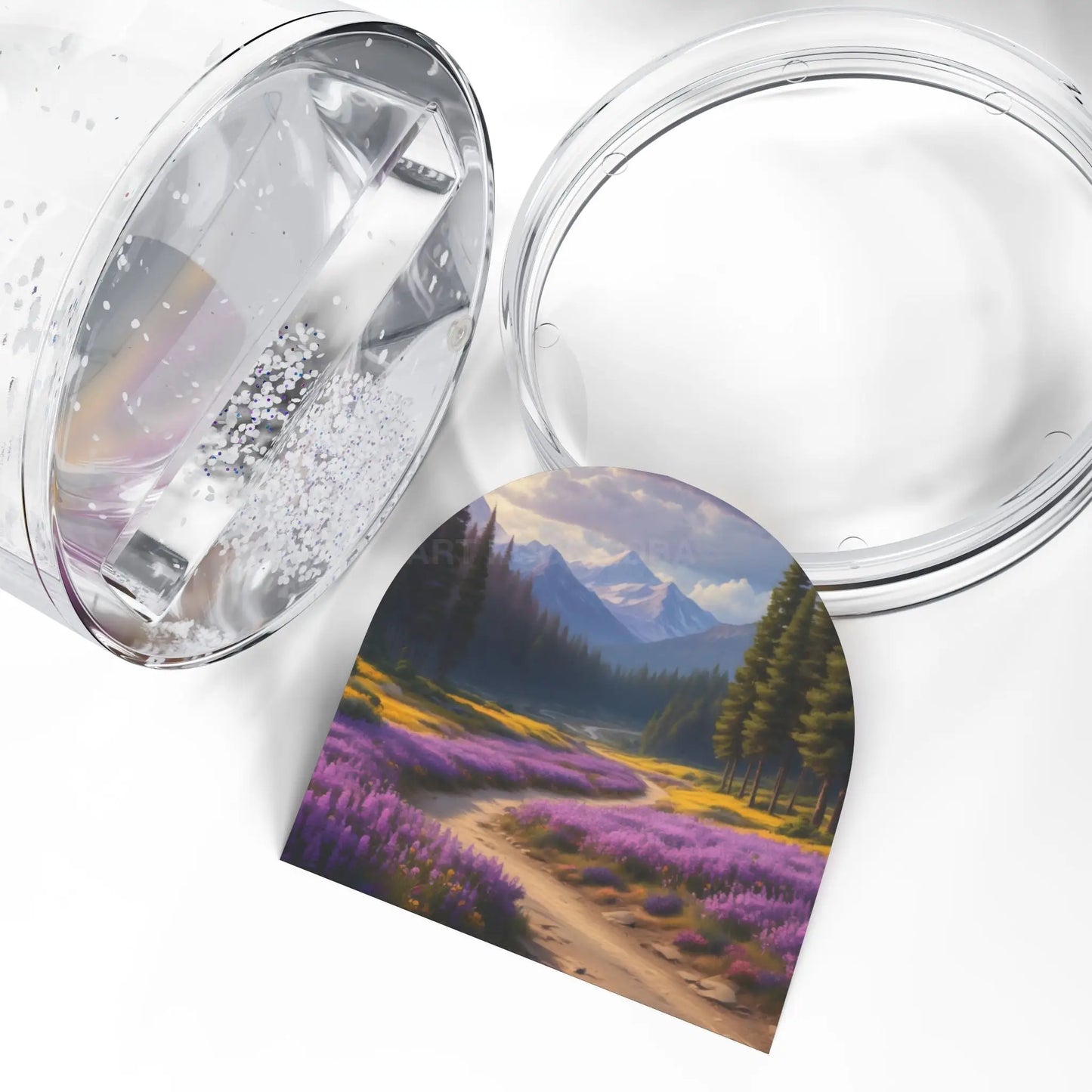 Snow Globe – Lavender Mountain Scene Snow Globe (Relaxing Nature Décor) - 3.5’’ × 3.4’’ - Home Decor