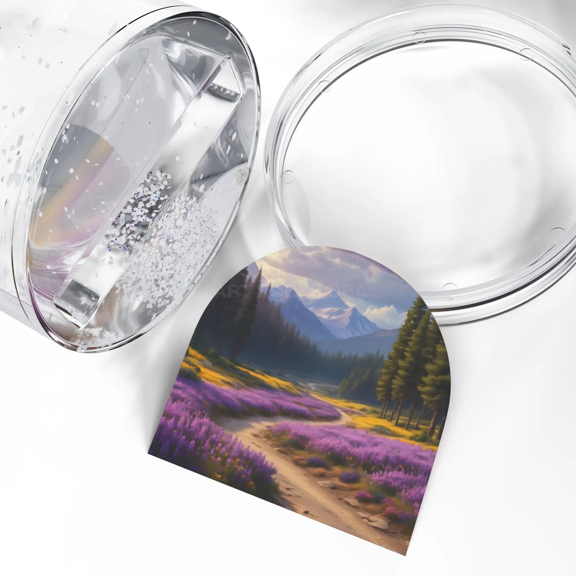 Snow Globe – Lavender Mountain Scene Snow Globe (Relaxing Nature Décor) - 3.5’’ × 3.4’’ - Home Decor