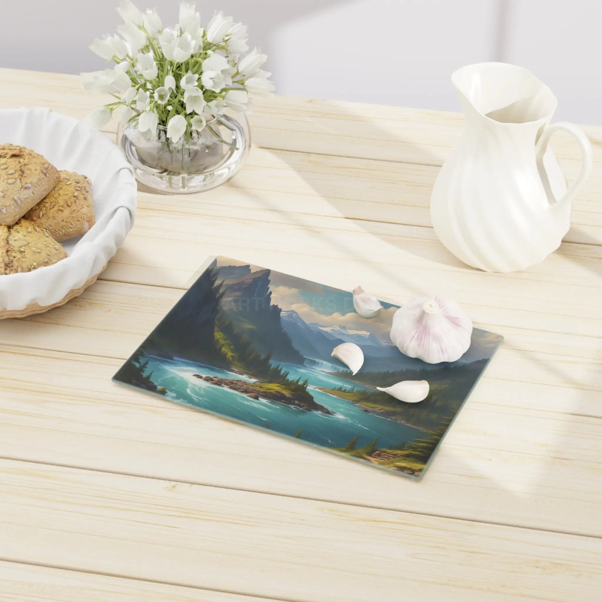 Snow Melt Mountain River Cutting Board — Lakeside Landscape Kitchen Board - Home Decor