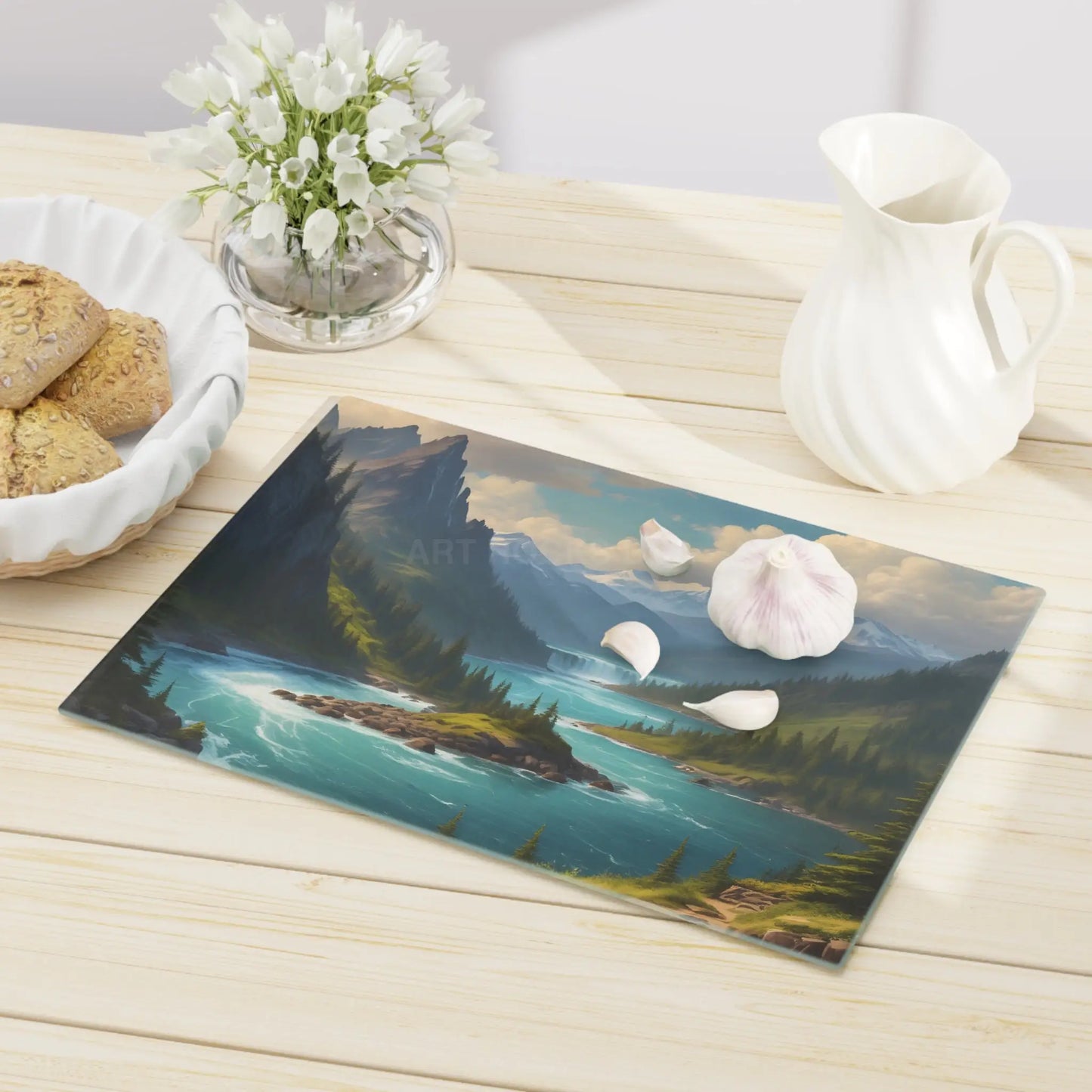Snow Melt Mountain River Cutting Board — Lakeside Landscape Kitchen Board - Home Decor