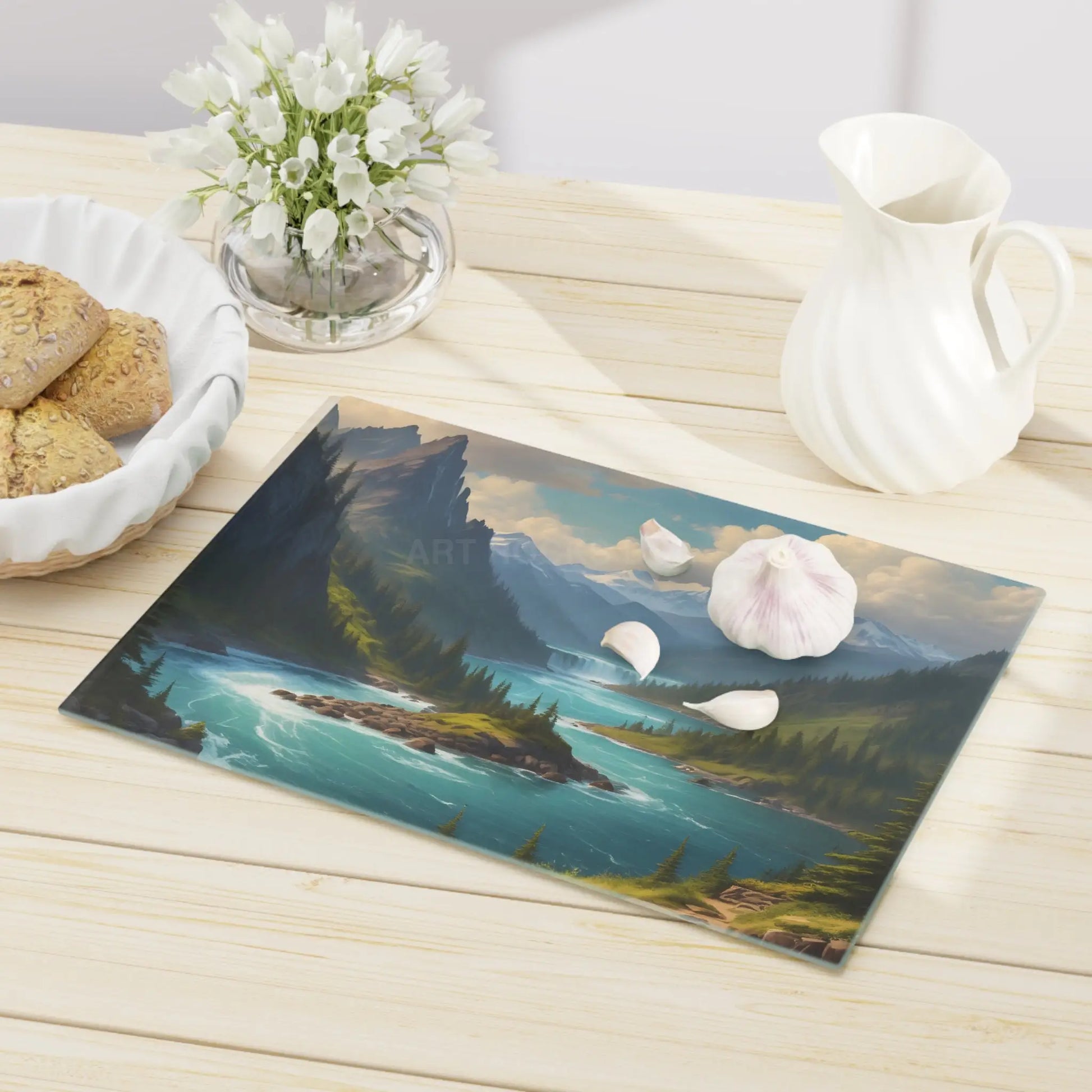 Snow Melt Mountain River Cutting Board — Lakeside Landscape Kitchen Board - Home Decor