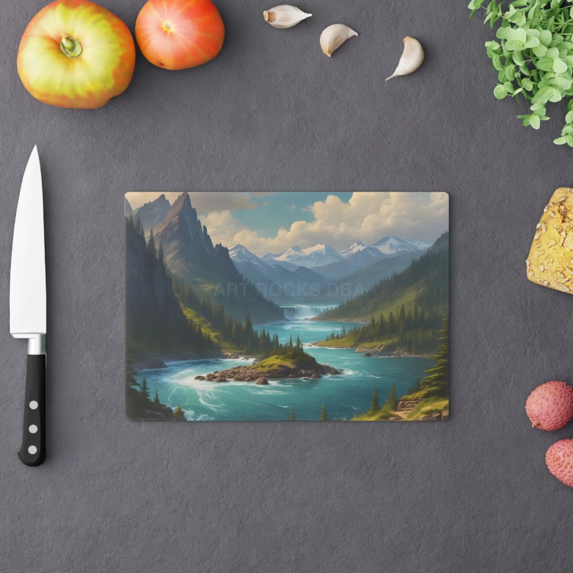 Snow Melt Mountain River Cutting Board — Lakeside Landscape Kitchen Board - Home Decor