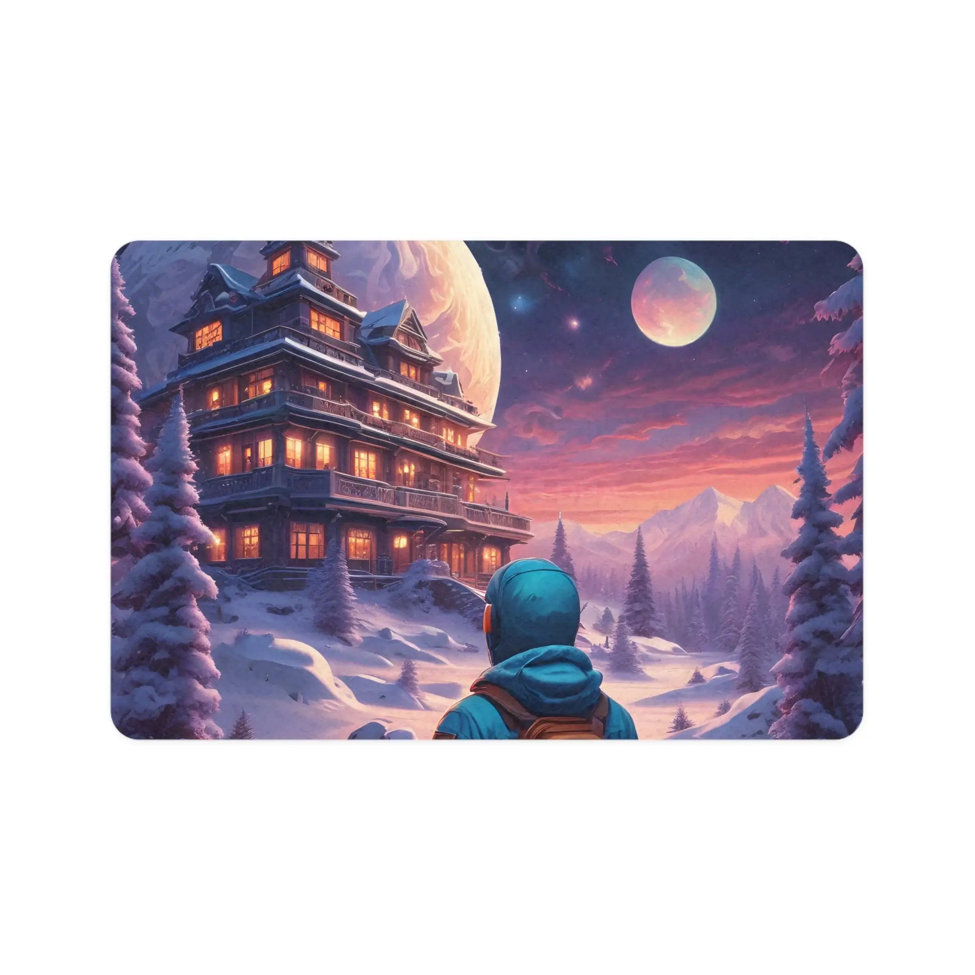 Snowy Lodge Pet Feeding Mat (12x18) — Winter Nightscape Dog & Cat Food Mat - 12’’ × 18’’ / Rectangle - Pets