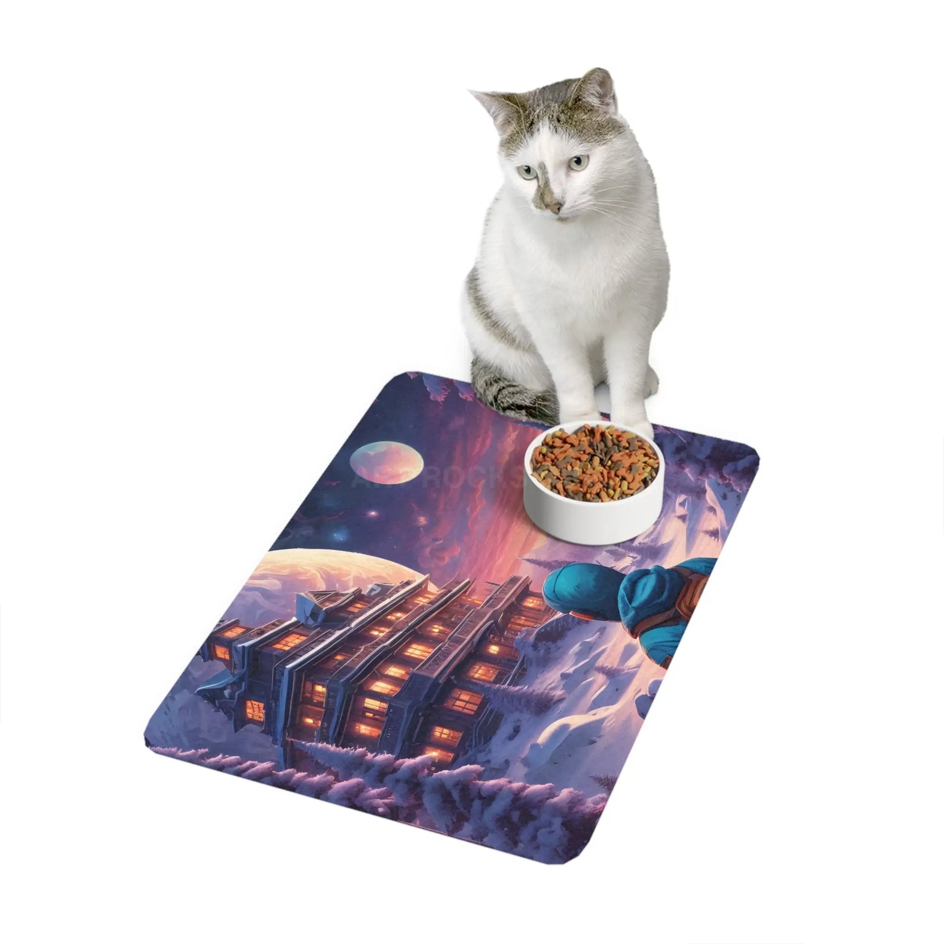 Snowy Lodge Pet Feeding Mat (12x18) — Winter Nightscape Dog & Cat Food Mat - 12’’ × 18’’ / Rectangle - Pets